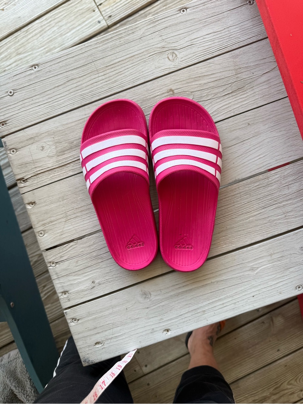 adidas Kids Bright Pink Slide Sandals with White Stripes